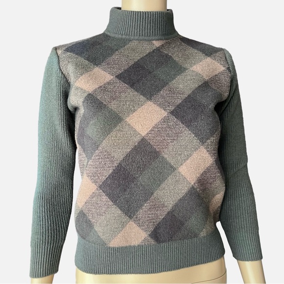Vintage Sweaters - Vintage Bofan 100% Wool Argyle Mock Neck Sweater | 80s 90s | Green Gray
